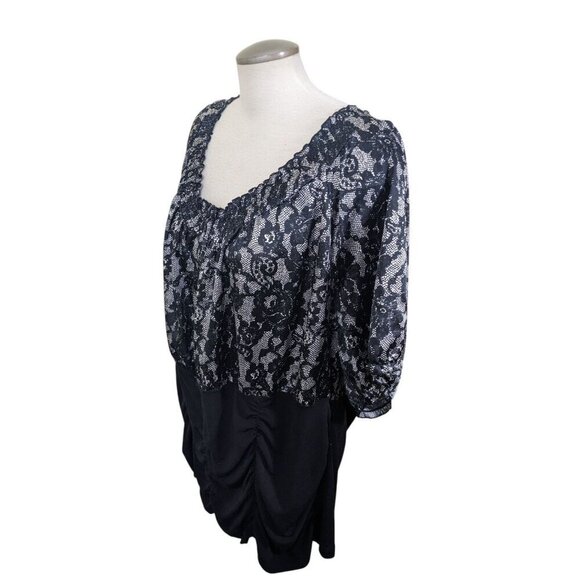 MXM Womens Plus Size 4X Blouse Black White Lace Print Puff Sleeve Ruched Front - Picture 4 of 8